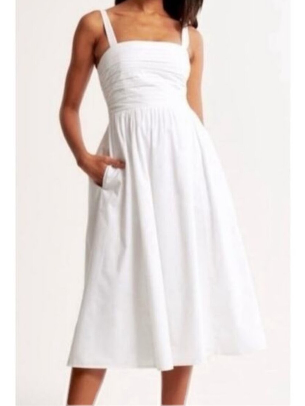Abercrombie & Fitch White Emerson Poplin Cotton Midi Dress Smocked Medium Pocket